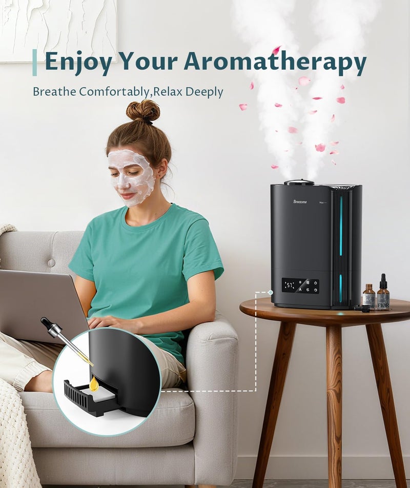 BREEZOME مرطبات 6 لتر لغرفة النوم والغرف الكبيرة وناشر الزيوت الأساسية، مرطبات بالموجات فوق الصوتية تعبئة علوية برذاذ بارد للأطفال والنباتات والحضانة تدوم حتى 60 ساعة، تحكم ذكي في مستوى الرطوبة، هادئ، أسود - Image 5